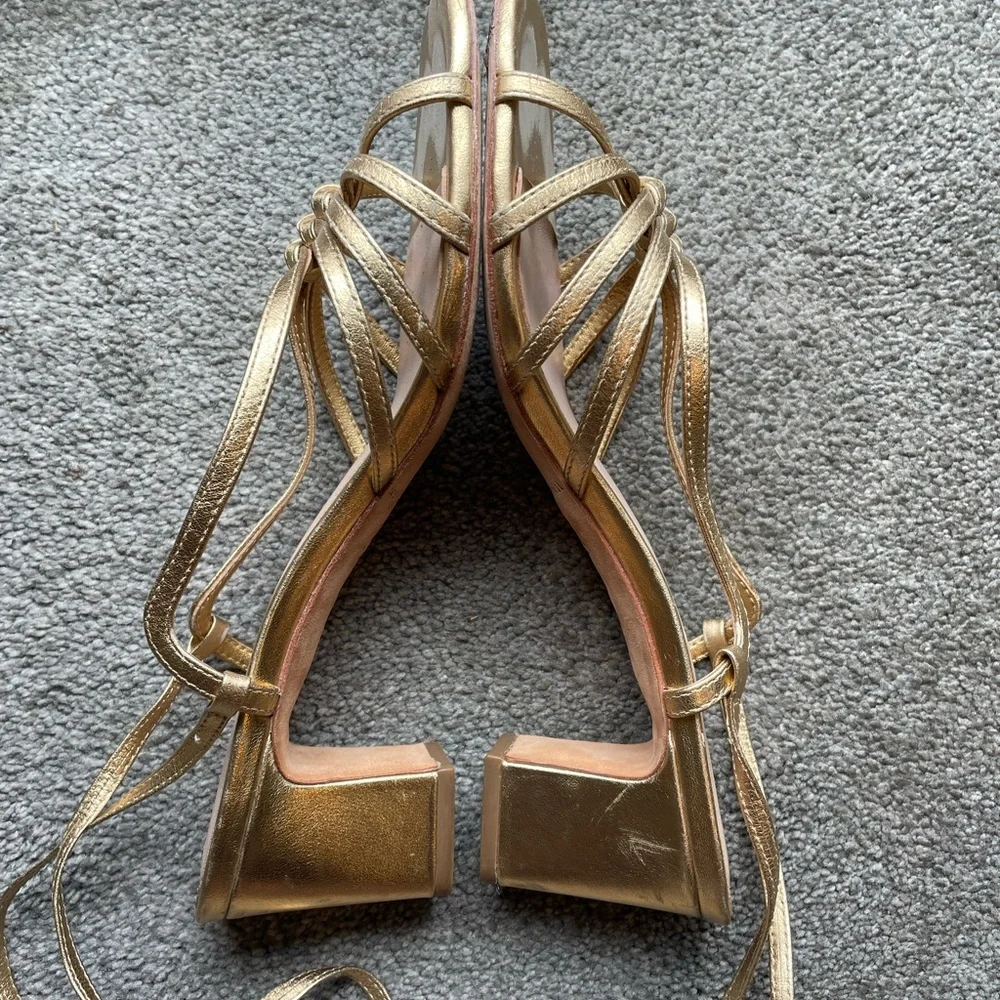 Loeffler Randall Metallic Gold Strappy Block Heel Sandals